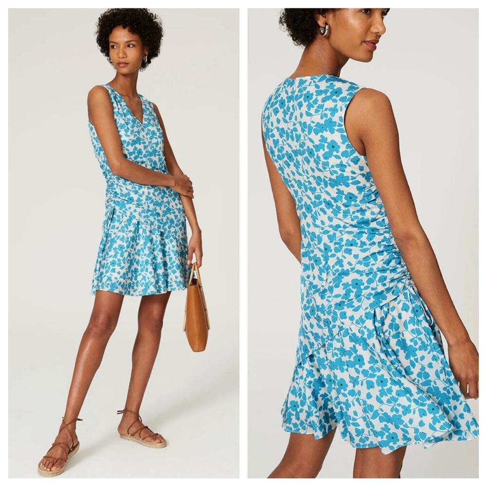 Derek Lam Collective Blue Floral Side Ruched Dress EUC Like New